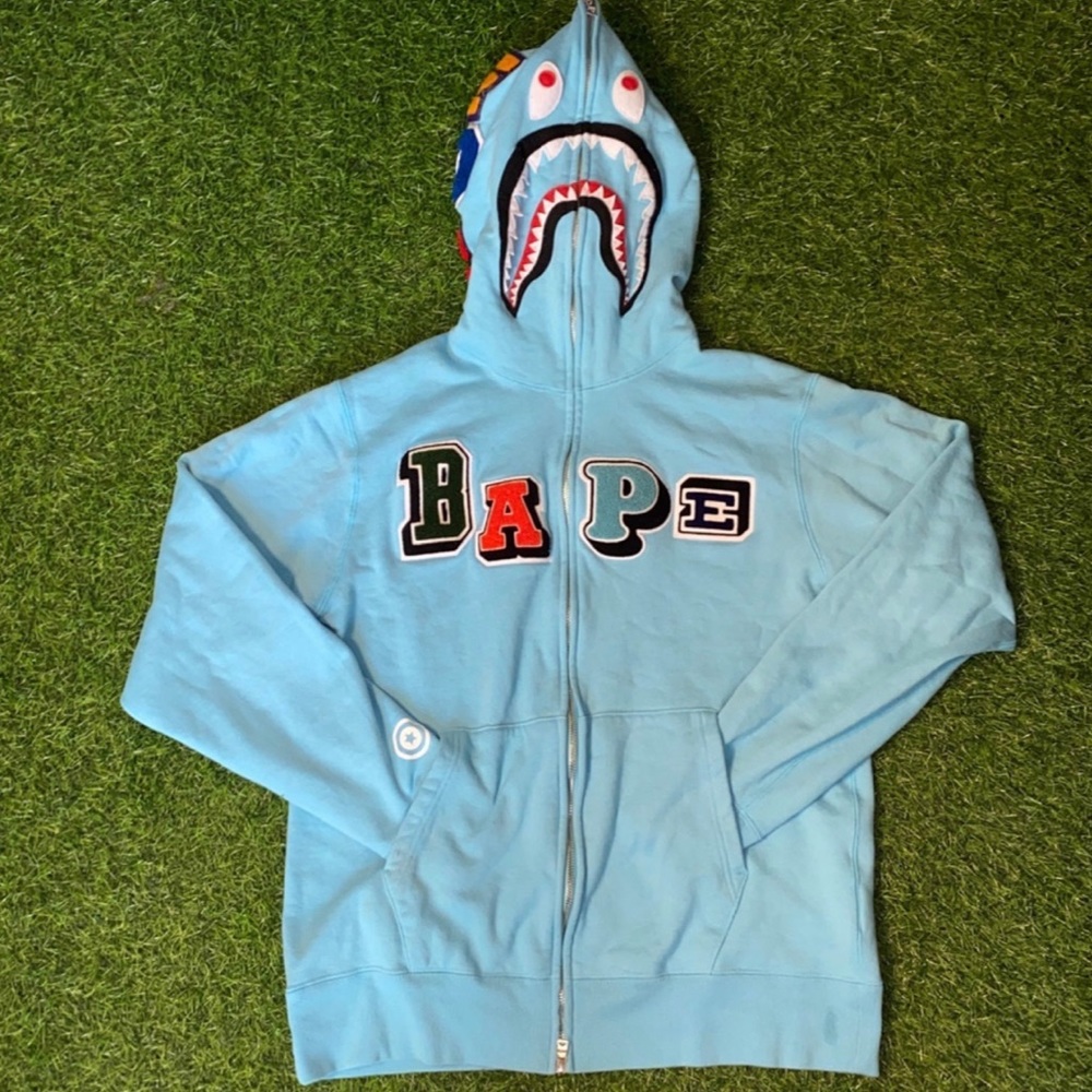 2022 Bape Multi Fonts Shark full zip hoodie FW21 baby SAX Blue 2022 Receipt